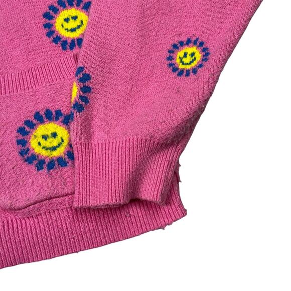 Forever 21 AOP Happy Face Floral V-Neck Cropped Cardigan Sweater FLAW Pink Large - Picture 4 of 6